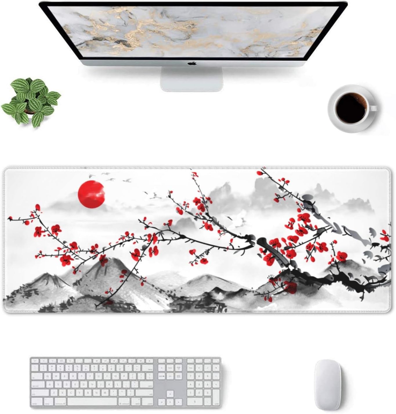 Desk Setup Red - Alas Meja Motif Bunga Plum Gaya